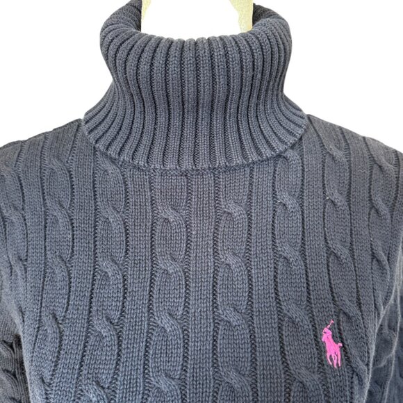 Ralph Lauren navy blue cable knit pullover turtleneck sweater - Picture 5 of 6